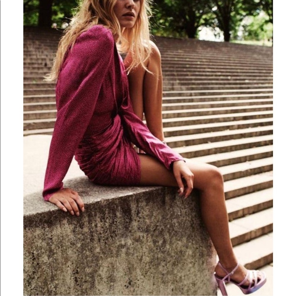 Zara Satin Effect Print Dress Fuschia